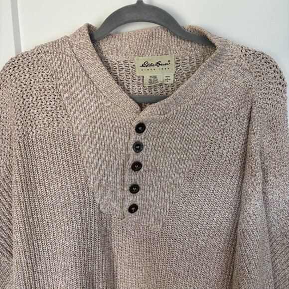 Vintage Eddie Bauer Sweater Men's Large Tan Henley Chunky Knit Outdoor Fall 90s - Picture 3 of 9